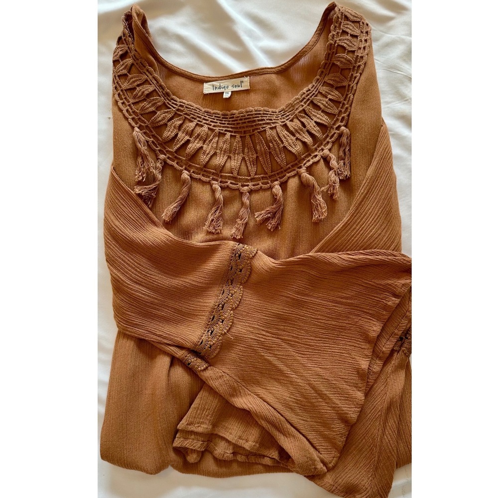 Indigo Soul Terracotta Boho Crochet Tassel Bell Sleeve Blouse Top 2XL
